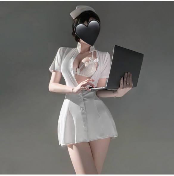 FEE ET MOI - Restrained Desire Lace-Up Waist Nurse Dress (White)